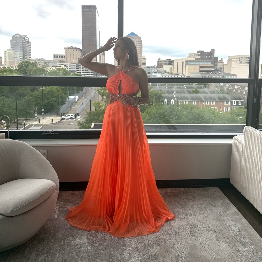 Dave & Johnny Orange Pleated Halter Maxi Dress